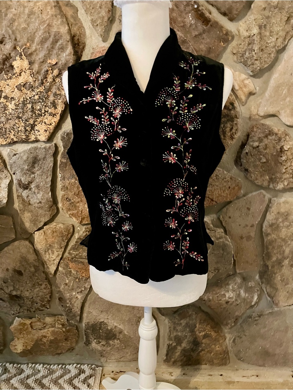 Coldwater Creek Black Velvet Embroidered Floral Vest